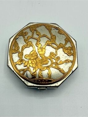 Vintage Shari Langlois New York Art Deco Powder Compact Mirror Floral Case